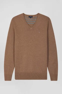 Pull col V en laine et coton camel demi-lune cerclée coupe Regular