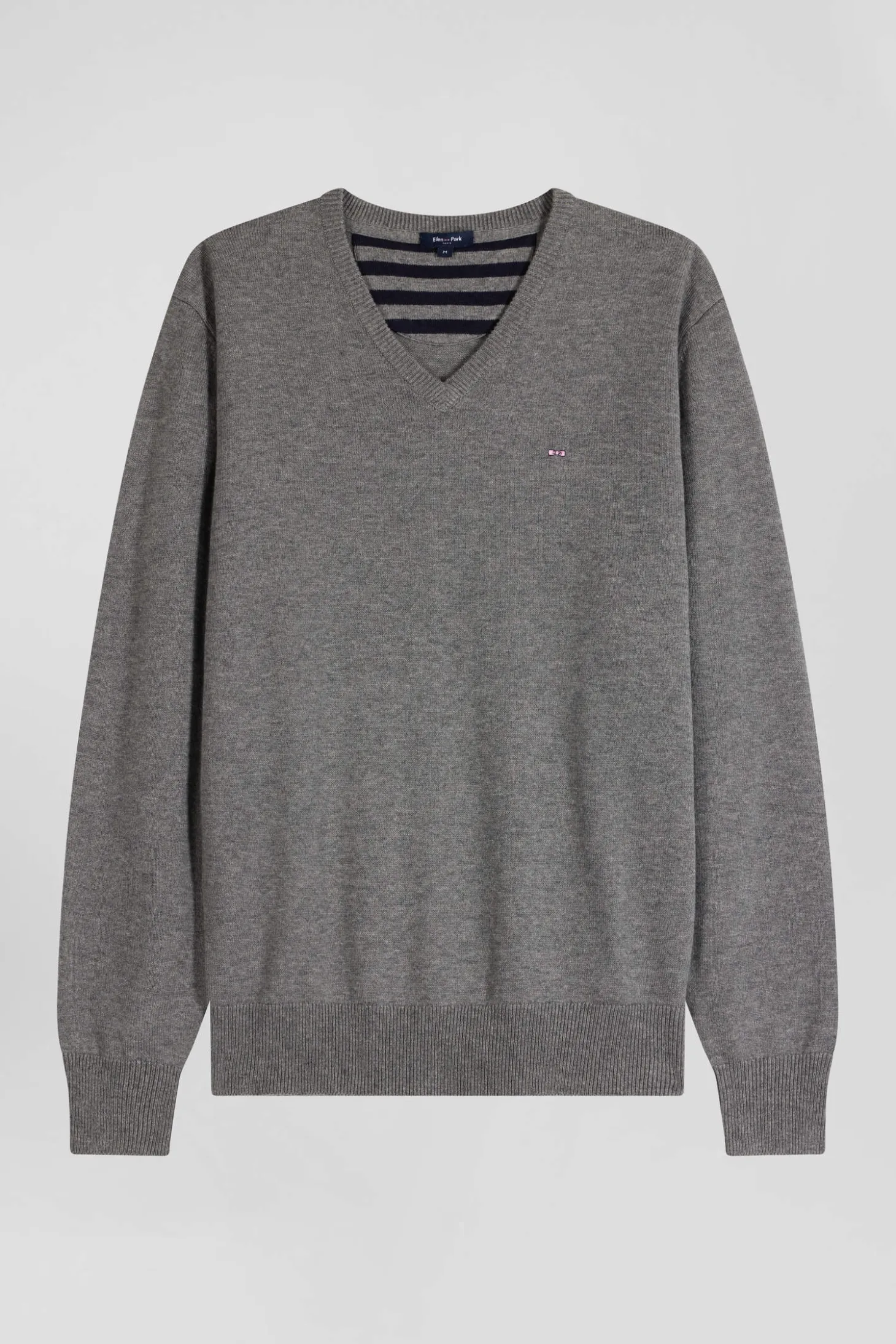 Pull col V en laine et coton gris demi-lune cerclée coupe Regular