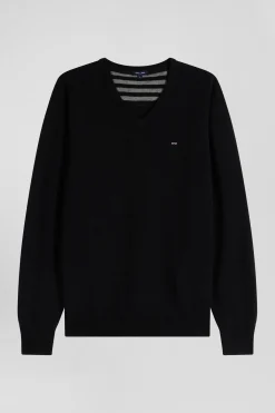 Pull col V en laine et coton noir demi-lune cerclée coupe Regular