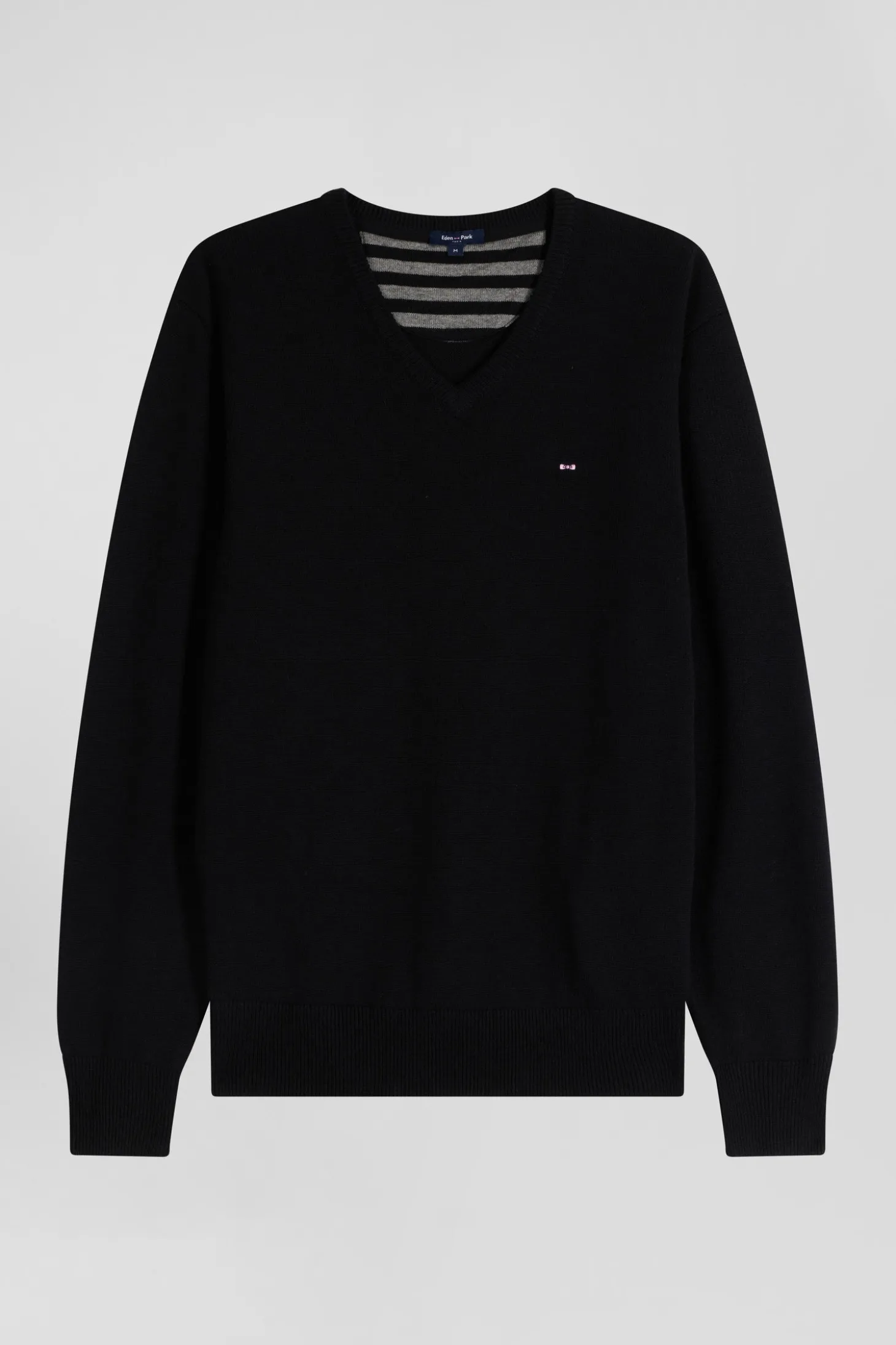 Pull col V en laine et coton noir demi-lune cerclée coupe Regular