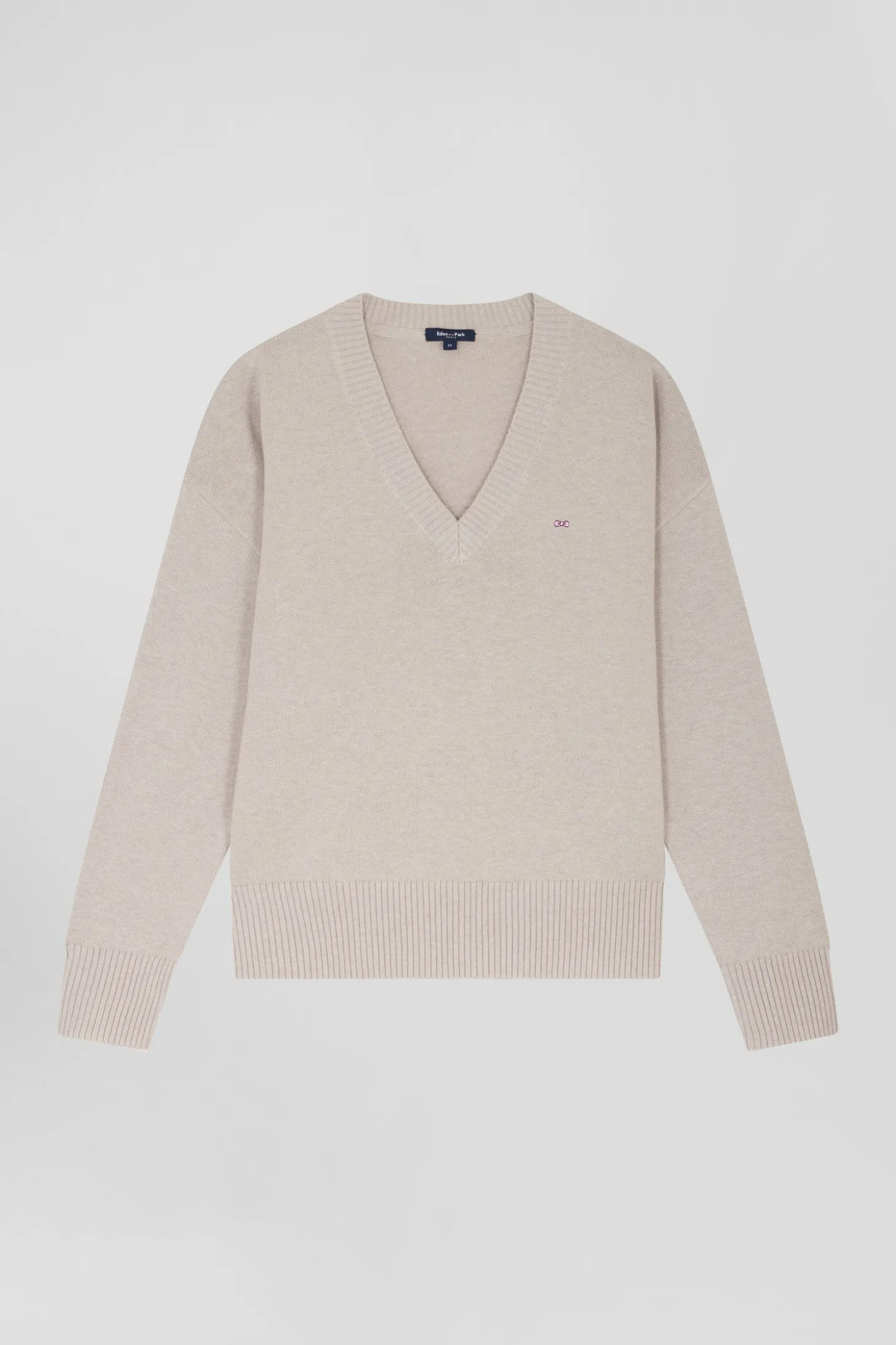 Pull col V en laine et coton beige coupe Relaxed