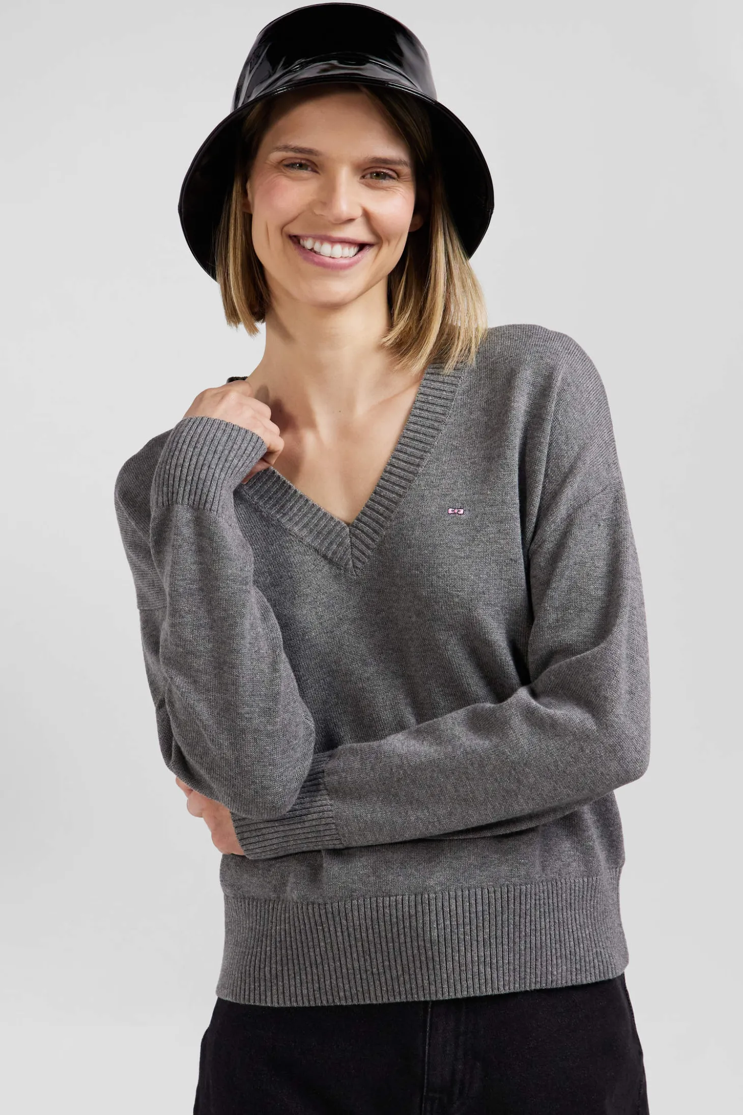 Pull col V en laine et coton gris clair coupe Relaxed