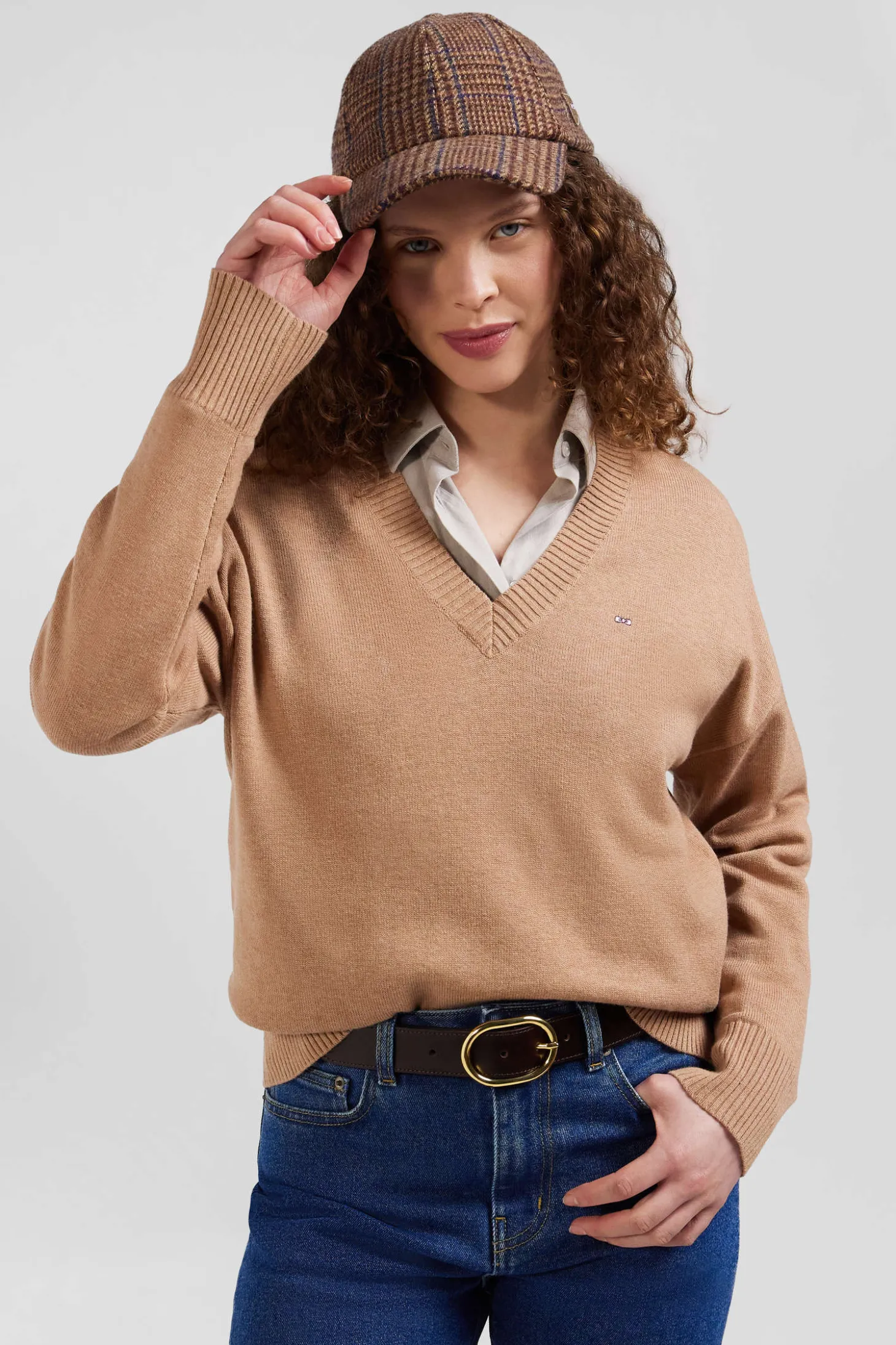 Pull col V en laine et coton camel coupe Relaxed
