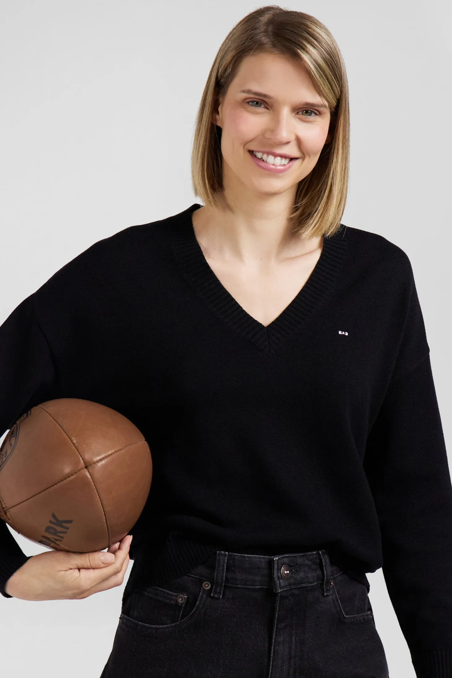 Pull col V en laine et coton noir coupe Relaxed