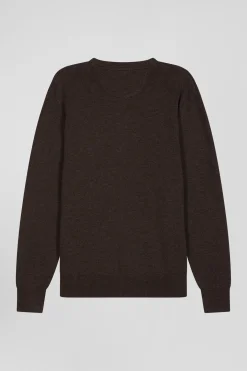 Pull col V en laine et coton marron demi-lune cerclée coupe Regular