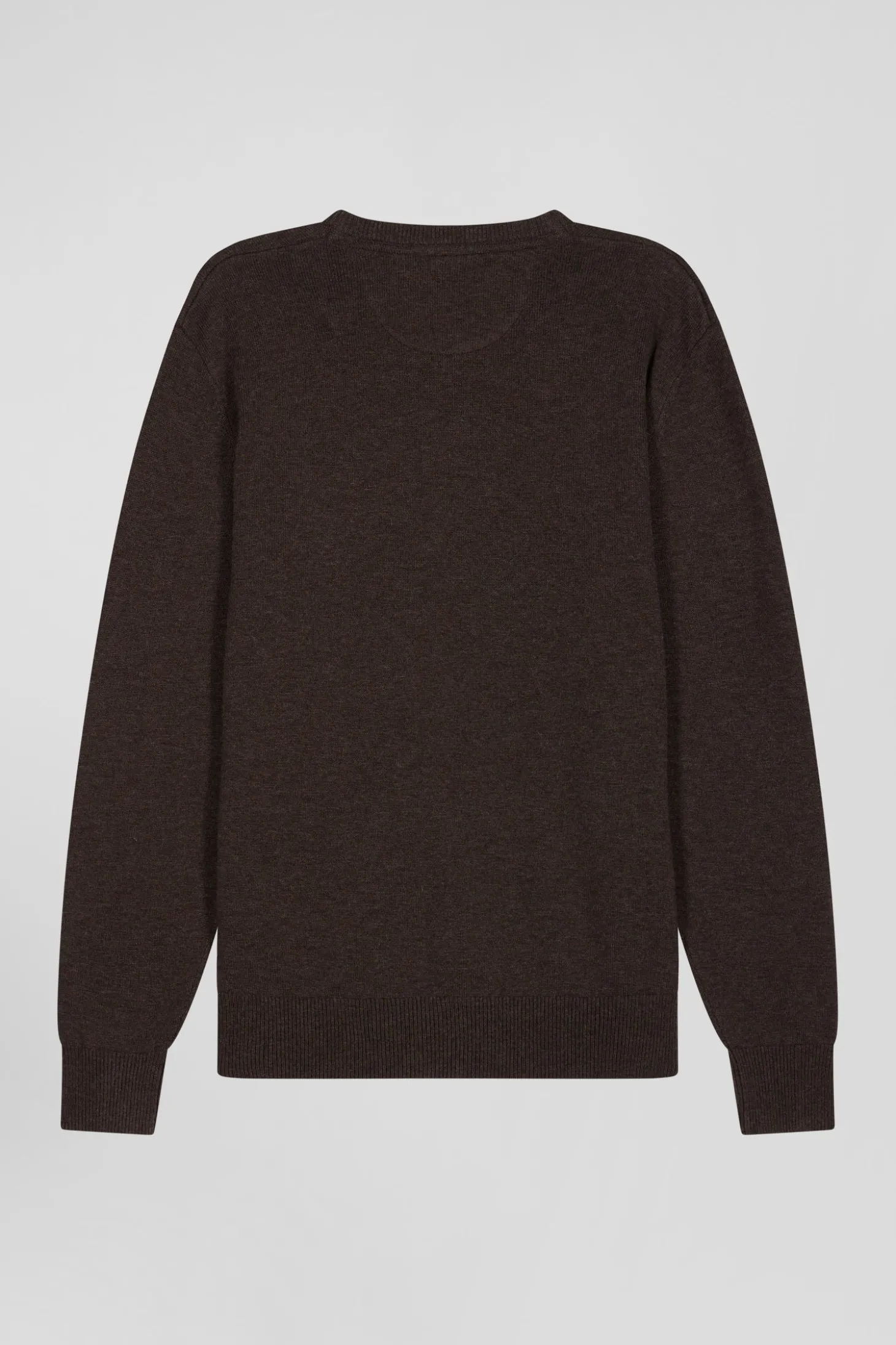 Pull col V en laine et coton marron demi-lune cerclée coupe Regular