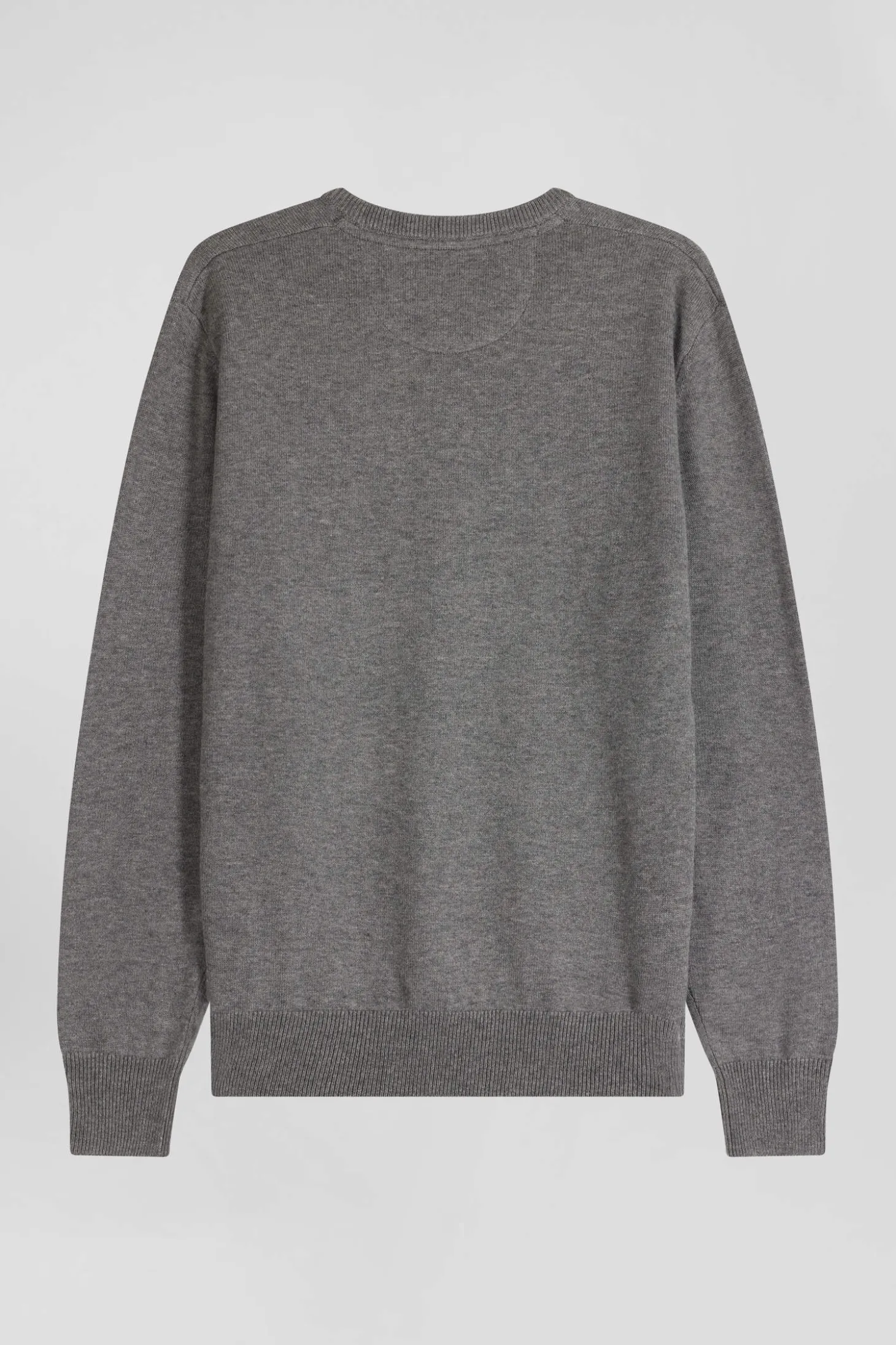 Pull col V en laine et coton gris demi-lune cerclée coupe Regular