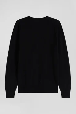 Pull col V en laine et coton noir demi-lune cerclée coupe Regular
