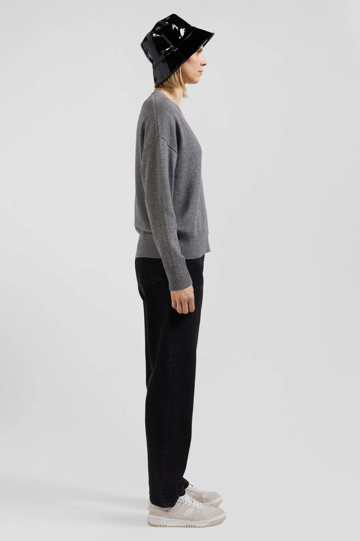 Pull col V en laine et coton gris clair coupe Relaxed