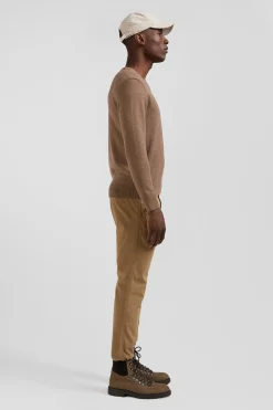 Pull col V en laine et coton camel demi-lune cerclée coupe Regular