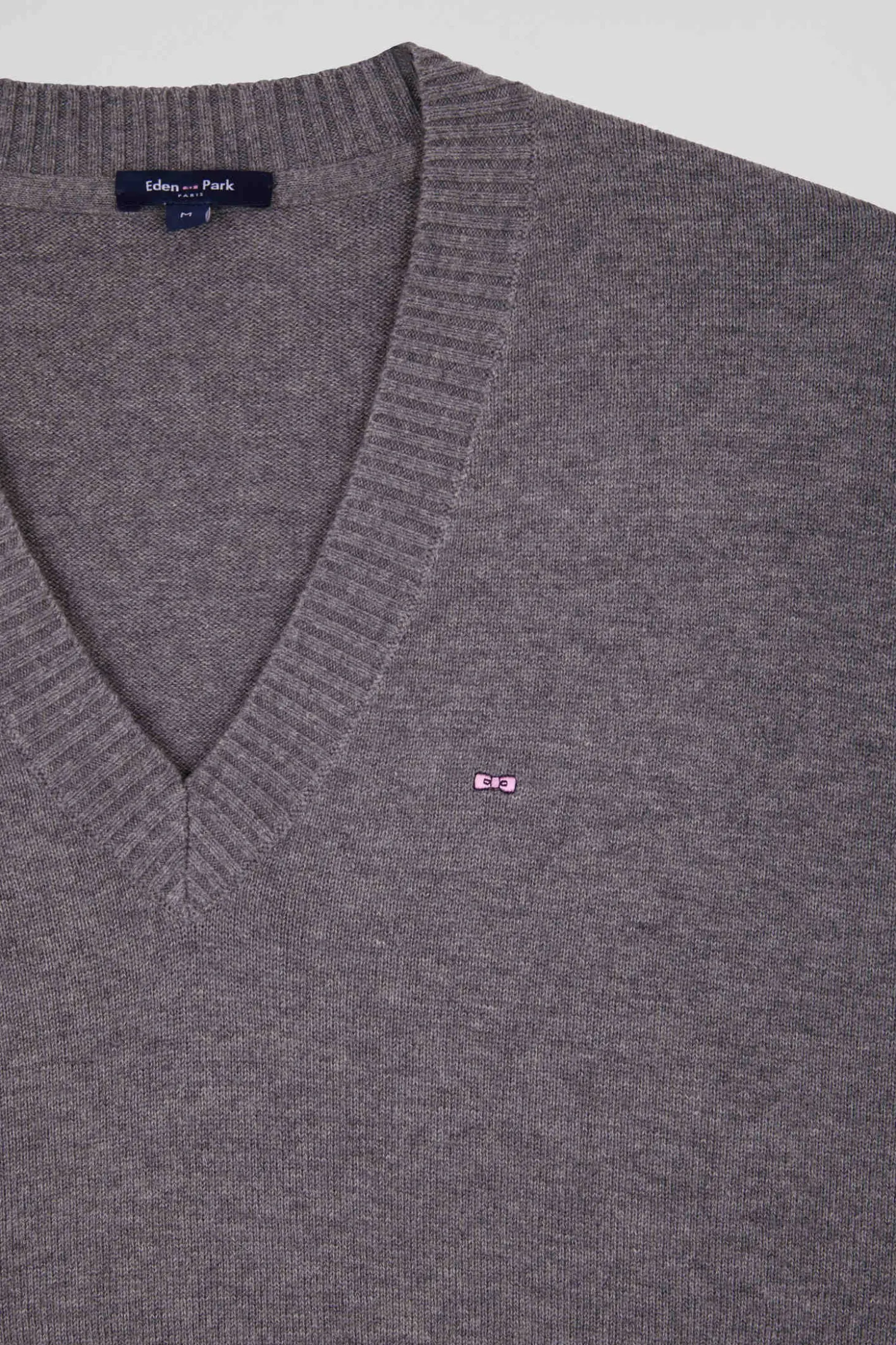 Pull col V en laine et coton gris clair coupe Relaxed
