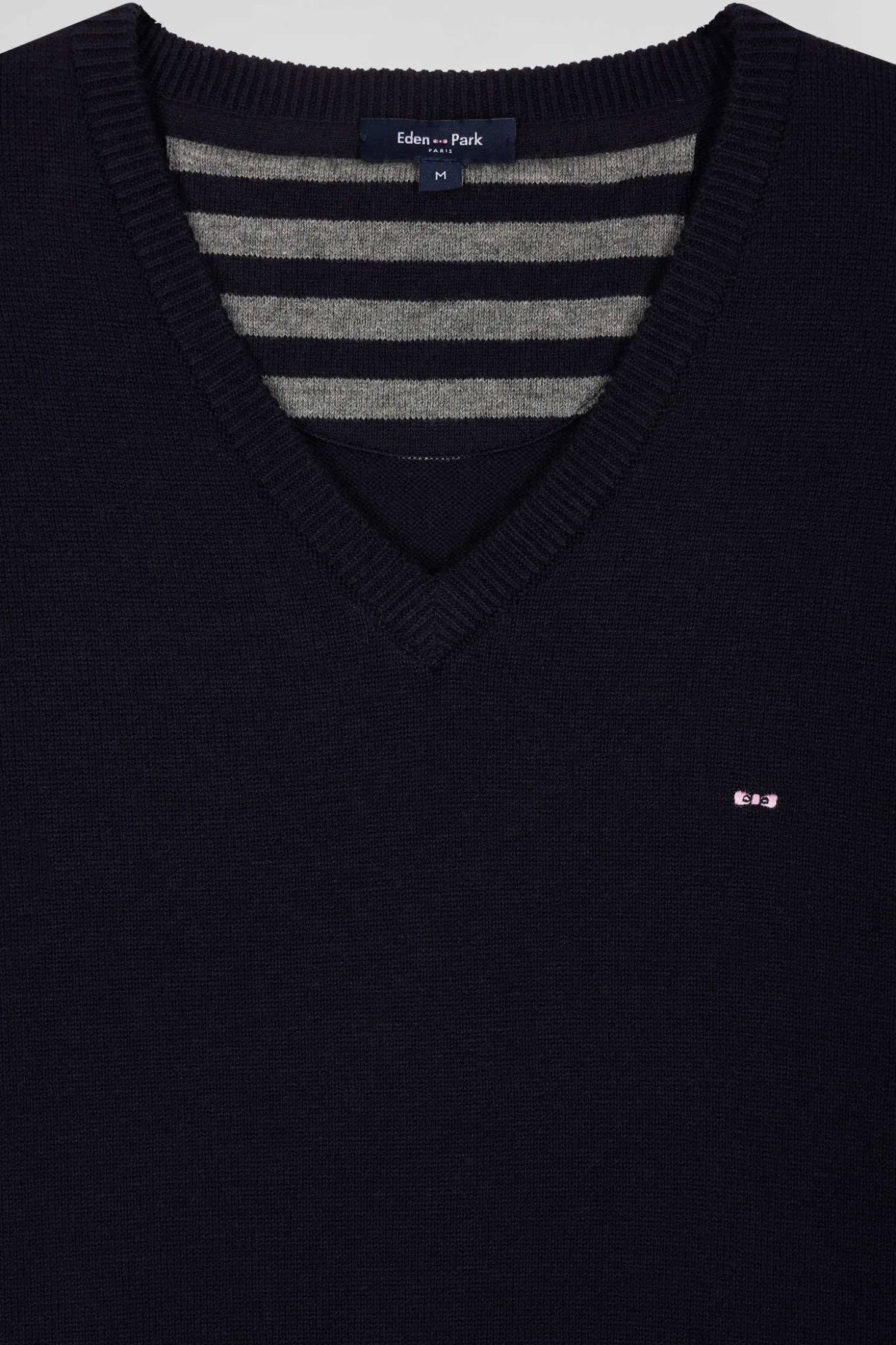 Pull col V en laine et coton bleu marine demi-lune cerclée coupe Regular