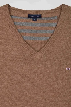 Pull col V en laine et coton camel demi-lune cerclée coupe Regular