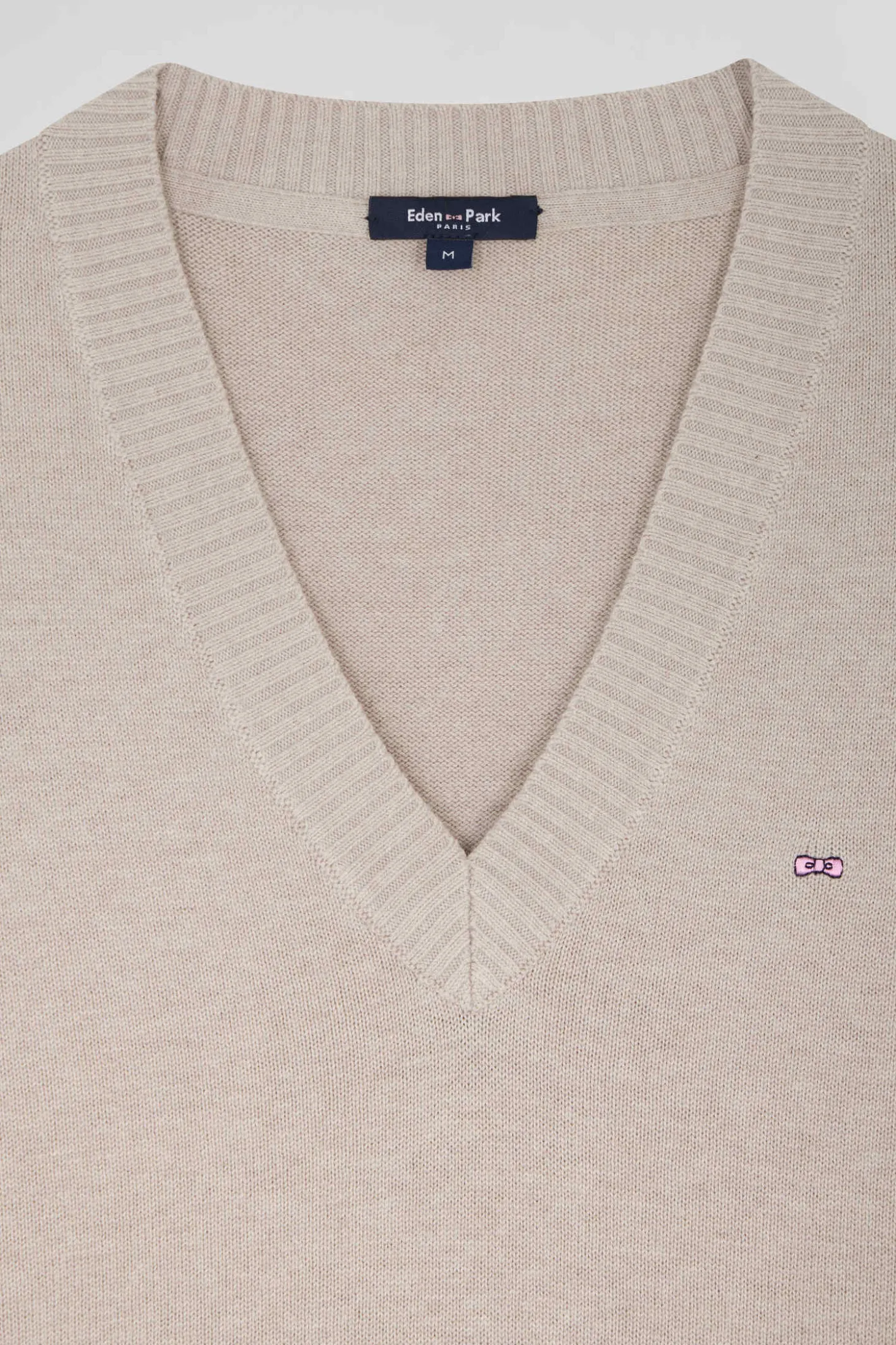 Pull col V en laine et coton beige coupe Relaxed