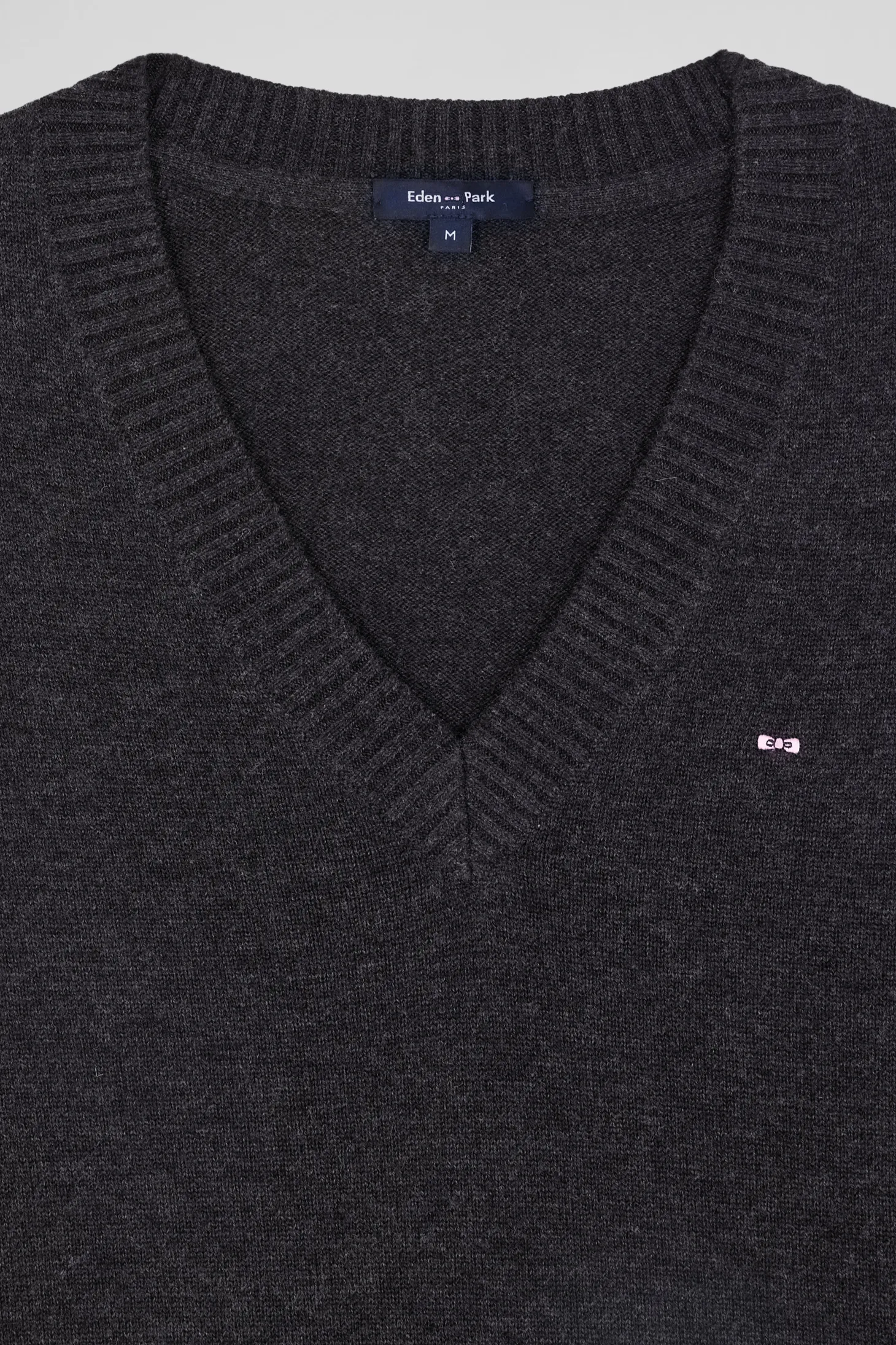 Pull col V en laine et coton gris foncé chiné coupe Relaxed