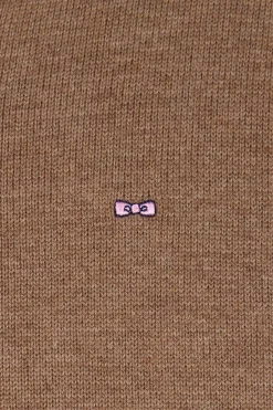 Pull col V en laine et coton camel demi-lune cerclée coupe Regular