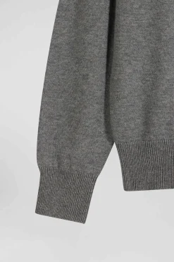 Pull col V en laine et coton gris demi-lune cerclée coupe Regular