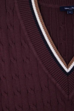 Pull col V sans manches en coton torsadé bordeaux coupe Relaxed
