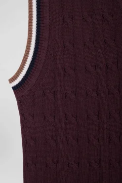 Pull col V sans manches en coton torsadé bordeaux coupe Relaxed