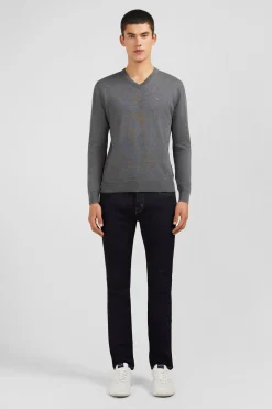 Pull gris à Col V en coton