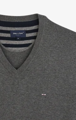 Pull gris à Col V en coton