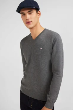 Pull gris à Col V en coton