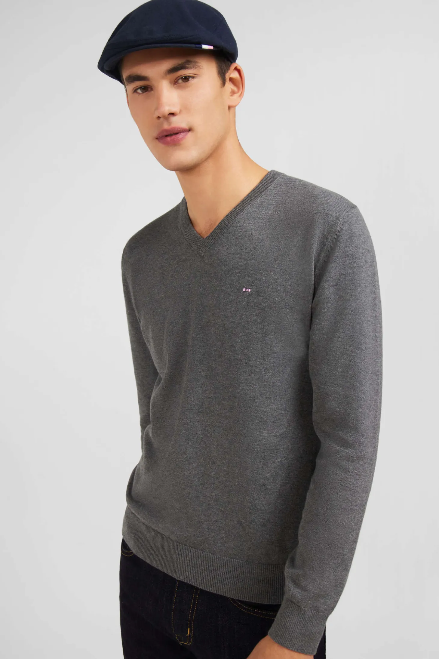 Pull gris à Col V en coton