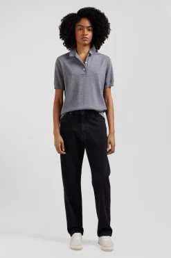 Pull manches courtes à col polo en laine gris foncé coupe Regular