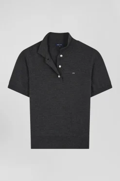 Pull manches courtes à col polo en laine gris anthracite coupe Regular
