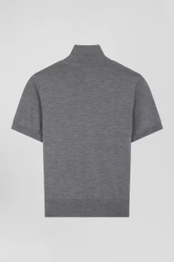 Pull manches courtes à col polo en laine gris foncé coupe Regular