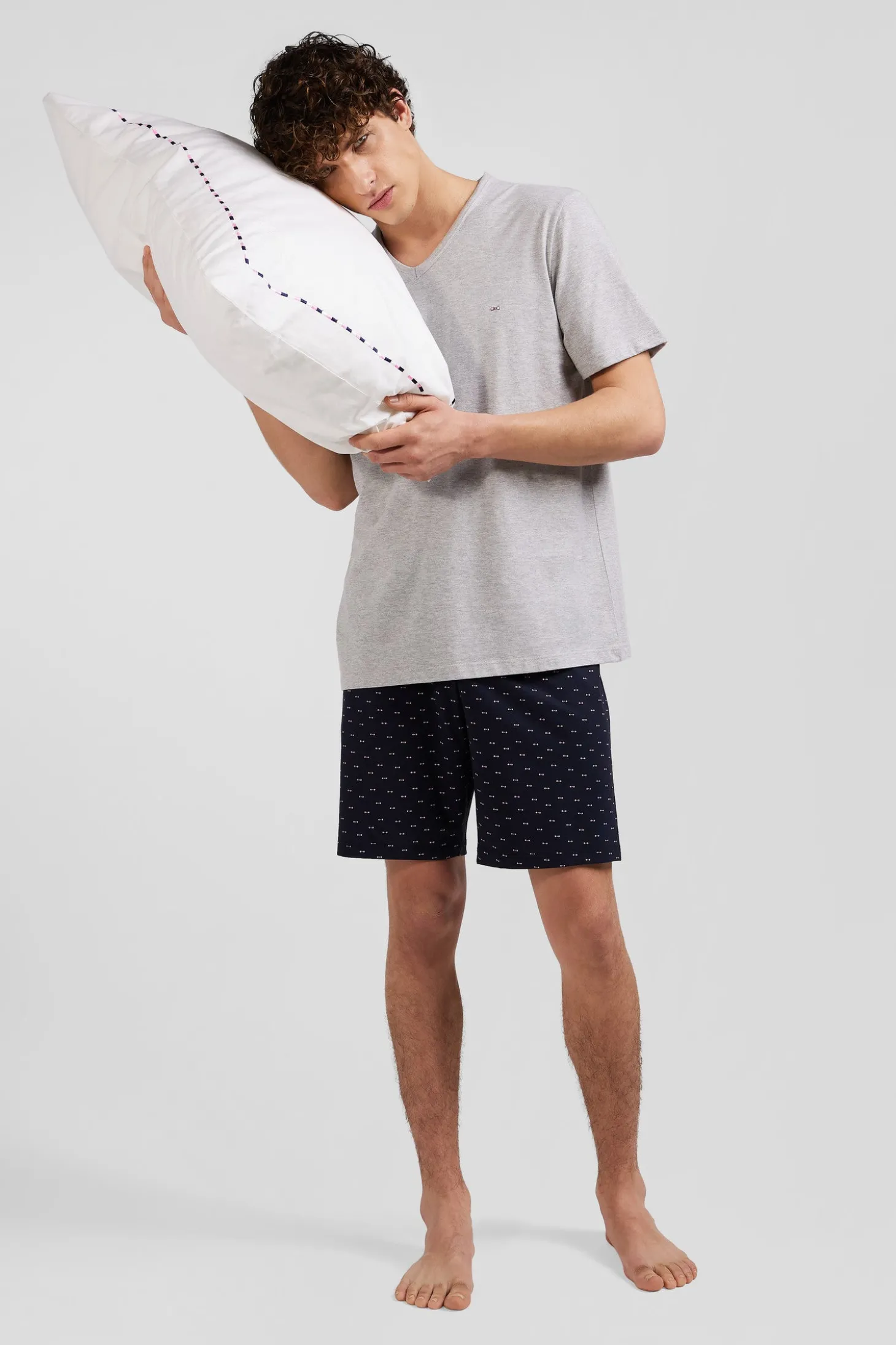Pyjama court en coton short à micro-motifs gris