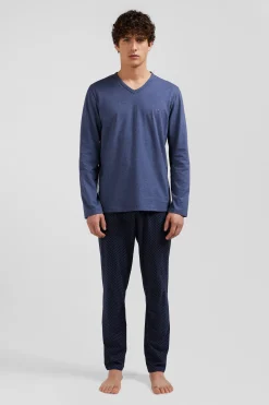 Pyjama long en coton bleu foncé pantalon à micromotifs nœuds papillon