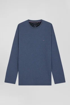 Pyjama long en coton bleu foncé pantalon à micromotifs nœuds papillon