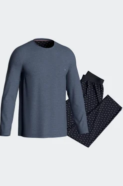 Pyjama long en coton bleu foncé pantalon à micromotifs