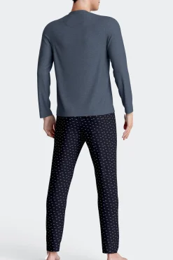 Pyjama long en coton bleu foncé pantalon à micromotifs