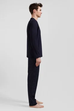 Pyjama long en coton bleu marine pantalon à micromotifs