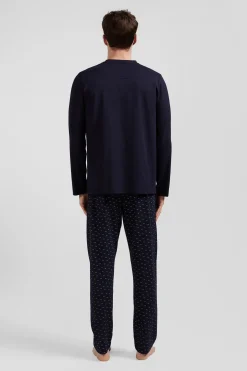 Pyjama long en coton bleu marine pantalon à micromotifs