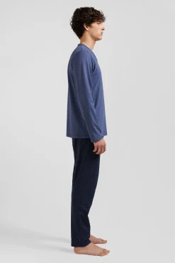 Pyjama long en coton bleu foncé pantalon à micromotifs nœuds papillon