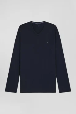 Pyjama long en coton marine pantalon à carreaux