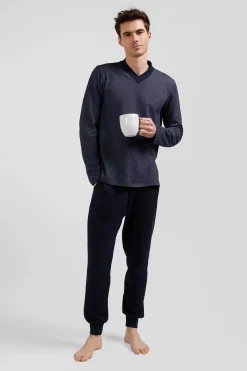 Pyjama long en coton mélangé bleu marine