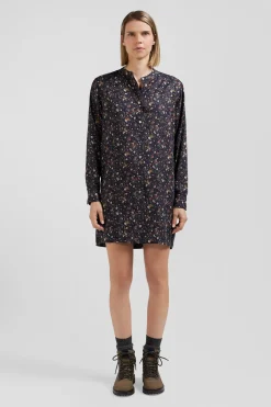 Robe chemise en lyocell noir à imprimé floral