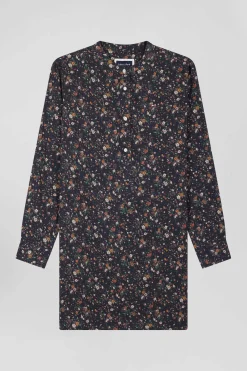 Robe chemise en lyocell noir à imprimé floral