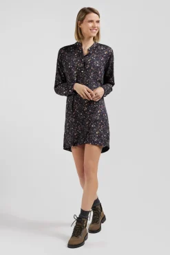 Robe chemise en lyocell noir à imprimé floral