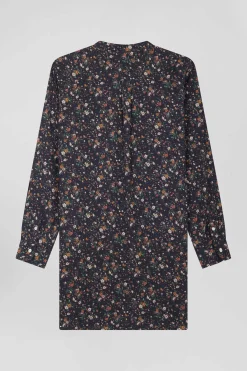 Robe chemise en lyocell noir à imprimé floral