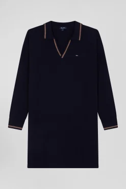 Robe col chemise en laine et coton bleu marine coupe Relaxed