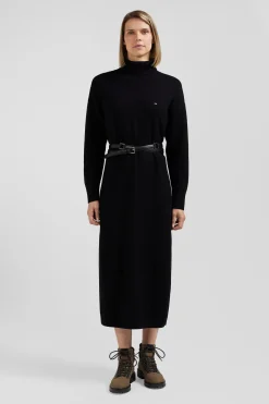 Robe col roulé en laine et coton noire coupe Relaxed