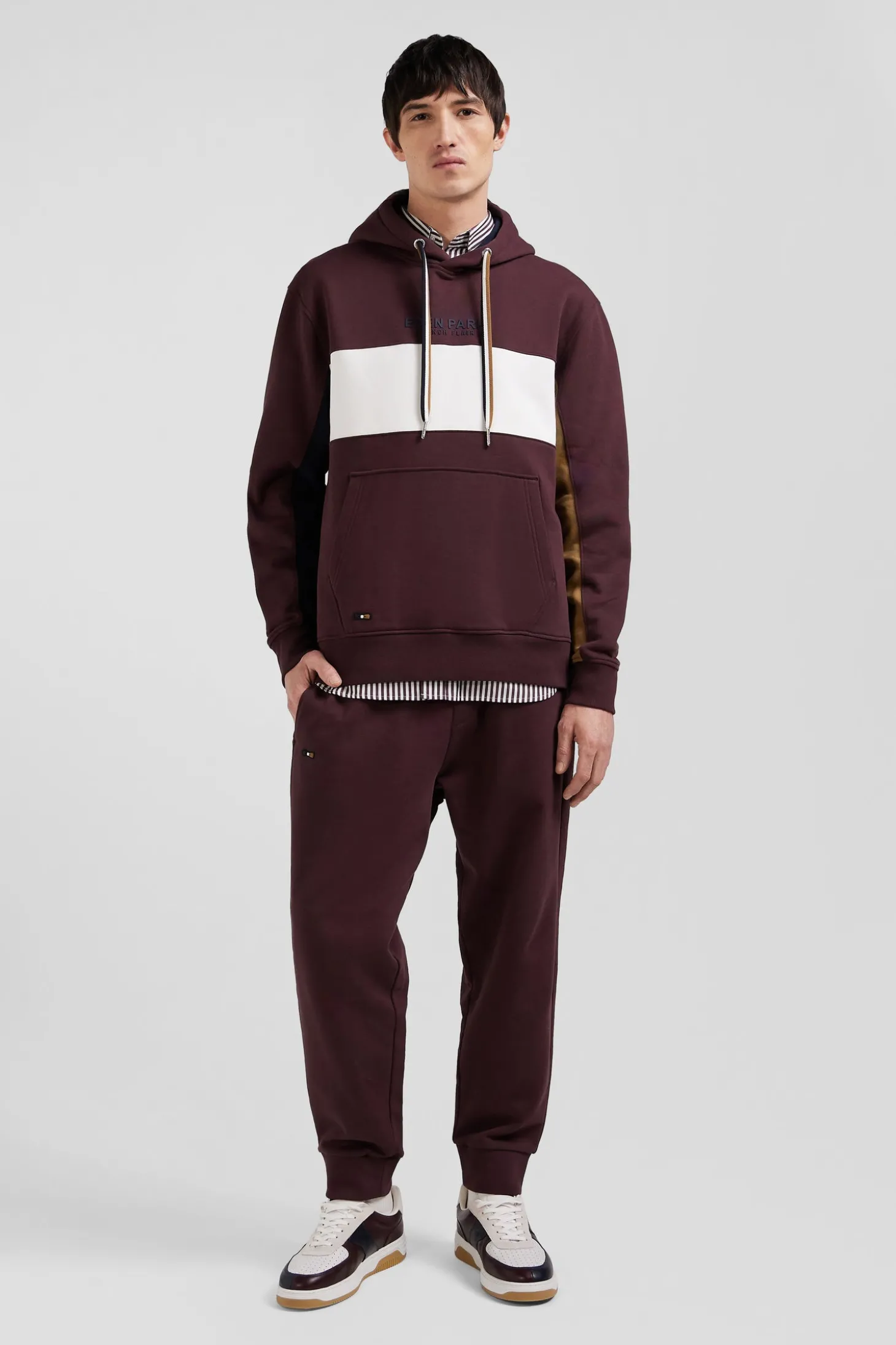 Sweatshirt à capuche colorblock en coton bordeaux coupe Relaxed