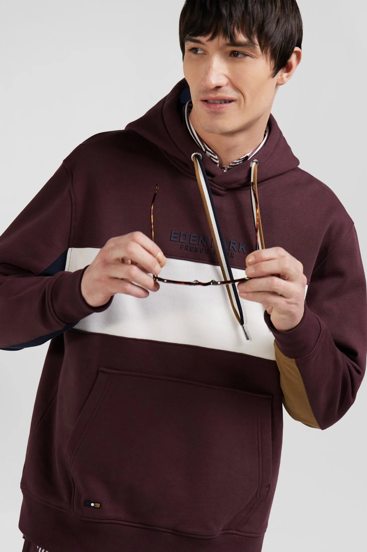 Sweatshirt à capuche colorblock en coton bordeaux coupe Relaxed