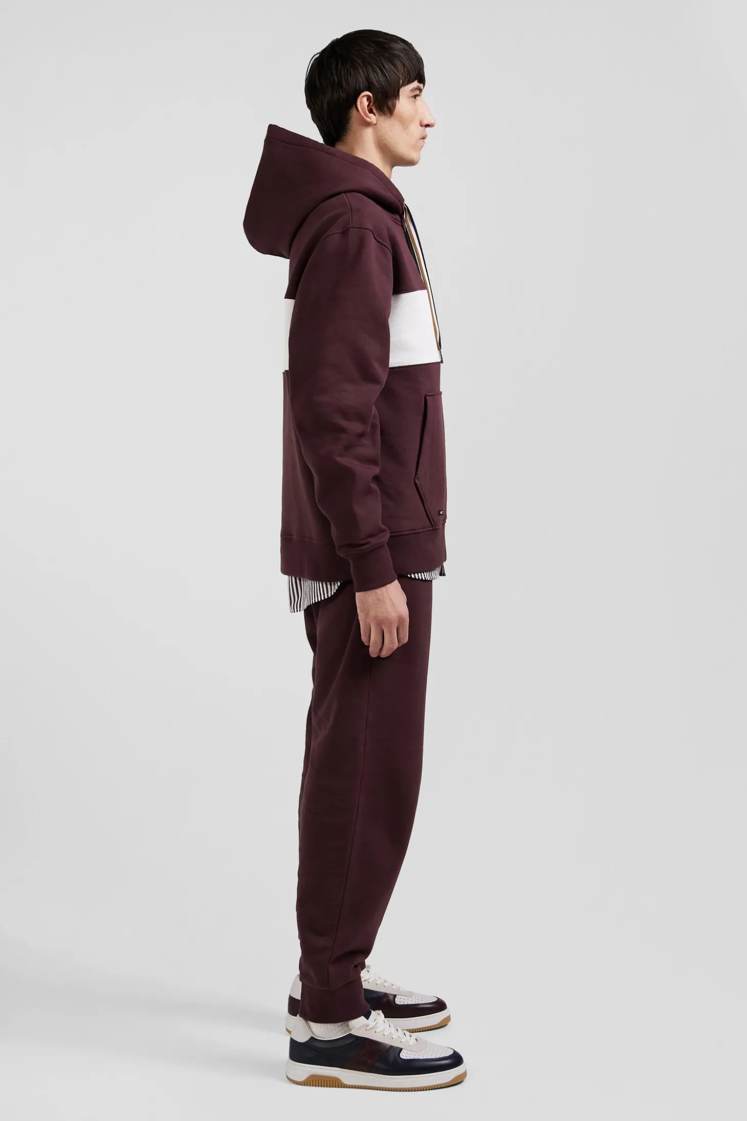 Sweatshirt à capuche colorblock en coton bordeaux coupe Relaxed