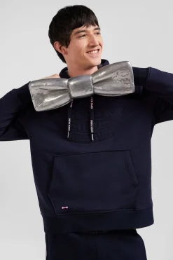 Sweatshirt à capuche en coton mélangé bleu marine broderie matelassée coupe Relaxed